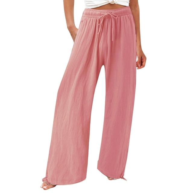 Timegard Womens Pants Plus Size Elastic High Waisted Drawstring Wide Leg Lightweight Casual Loose Trousers