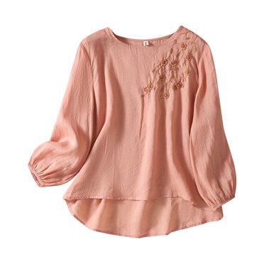 2025 Printemps/ T-Shirts pour Femmes Brodés à Col Rond T-Shirts pour Femmes à Manches Longues T Coton T-Shirts à Manches Longues pour Femmes Chemise Vintage Bohème Ample T-Shirt de Compression à Manches Longues pour Femmes Coupe Ajustée Appliqué Floral