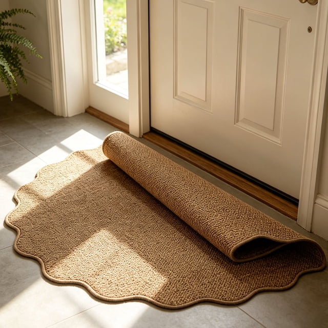 Scalloped Edge Door Mat 24x16 Inch Non Slip Absorbent Entryway Rug Durable Washable Floor Mat for Indoor Outdoor Entry Porch Kitchen Mudroom Home Decor front-facing semi-circular scalloped half-round brown mat with pineapple weave jute-look texture, visible circular weave pattern and reinforced scalloped edge, compact 24x16 inch (40×60 cm) low-profile floor mat shown on an entry floor; specified non-slip backing and machine washable, often used for narrow entryways, porches or mudrooms.