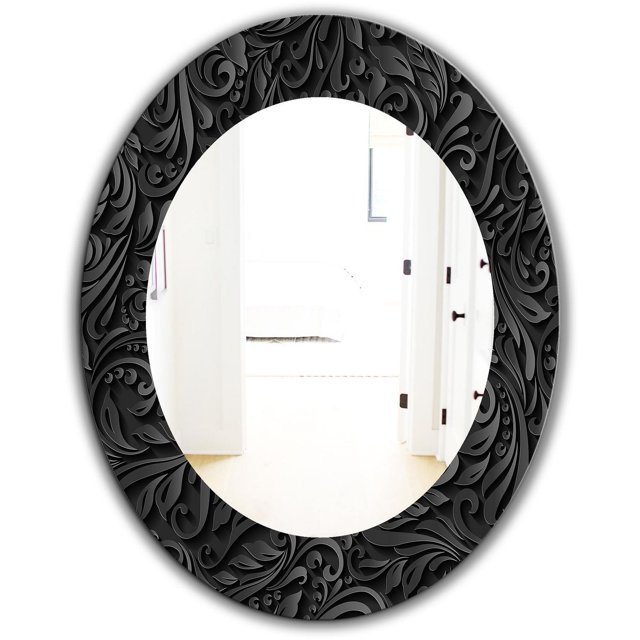Designart « Obsidian Impressions 10 » Miroir Mural Ovale Moderne 24x36 Pouces avec Cadre Noir, Présentant des Motifs de Feuilles Tourbillonnantes Surélevées, Résistantes aux Rayures et à la Décoloration, Reflétant un Couloir Blanc Éclatant, Convenant pour Rehausser l'Espace et la Lumière dans la Déco de la Maison.