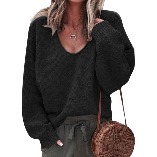 Innerwin Jumper Tops Long Sleeve Ladies Sweater Work Solid Color Casual Pullover Black XL