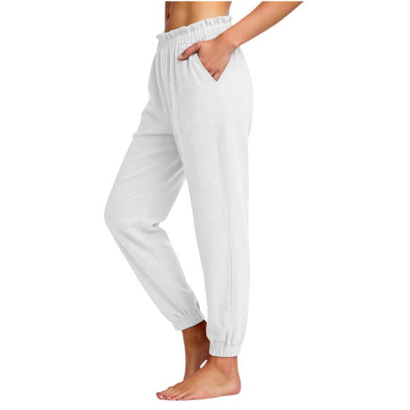 Mifsaly Linen Joggers Pants Women High Waisted Sweatpants Cuffed Hem Elastic Waist Work Lounge Trousers