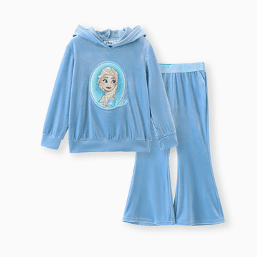 Disney Frozen Girls Sweatshirts Elsa Character Graphic Hoodie and Pants Blue Velvet 2 Pieces Sets Sizes 2-6