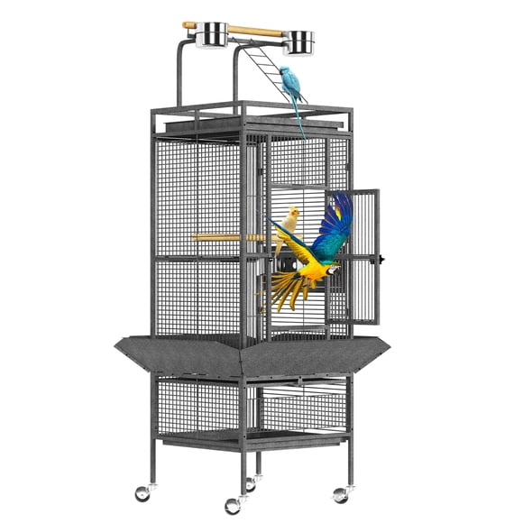 Bird Cage Walmart - 61 Inch Tall Metal Play Top Cage - Rolling Stand with Feeding Bowls - Indoor/Outdoor Use for Parakeets, Cockatiels, Conures - Exploding Silver