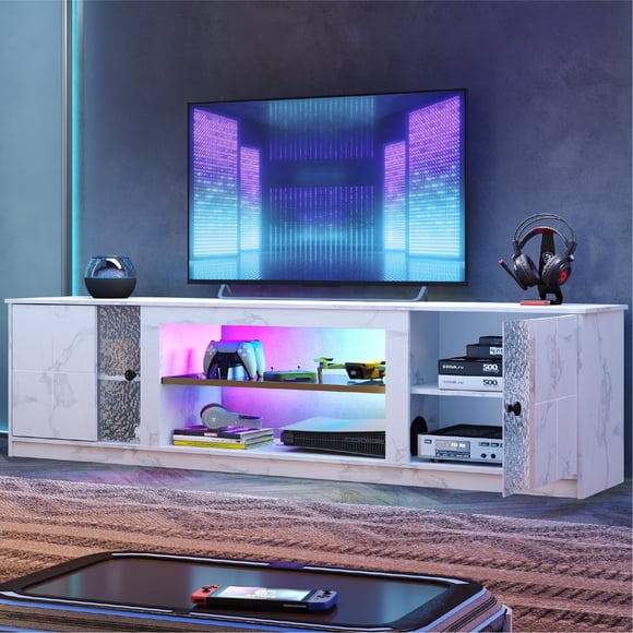 Pinmoco 70" LED TV Stand for TVs up to 80",Large Gaming Entertainment Centre,White Marble