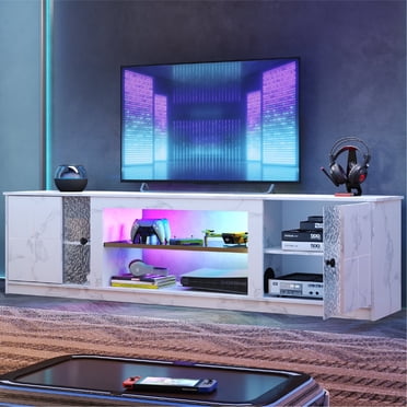 Pinmoco Meuble TV à DEL de 70 Pouces pour Téléviseurs jusqu'à 80 Pouces, Grand Centre de Divertissement de Jeu, Marbre Blanc