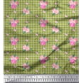thumbnail image 1 of Soimoi Green Rayon Fabric Pink Flower & Check Printed Fabric 1 Yard 42 Inch Wide, 1 of 5