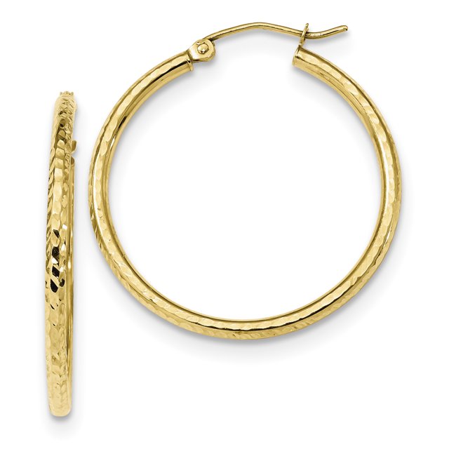 10K Yellow Gold Diamond Cut 2mm Round Tube Hoop Earrings
