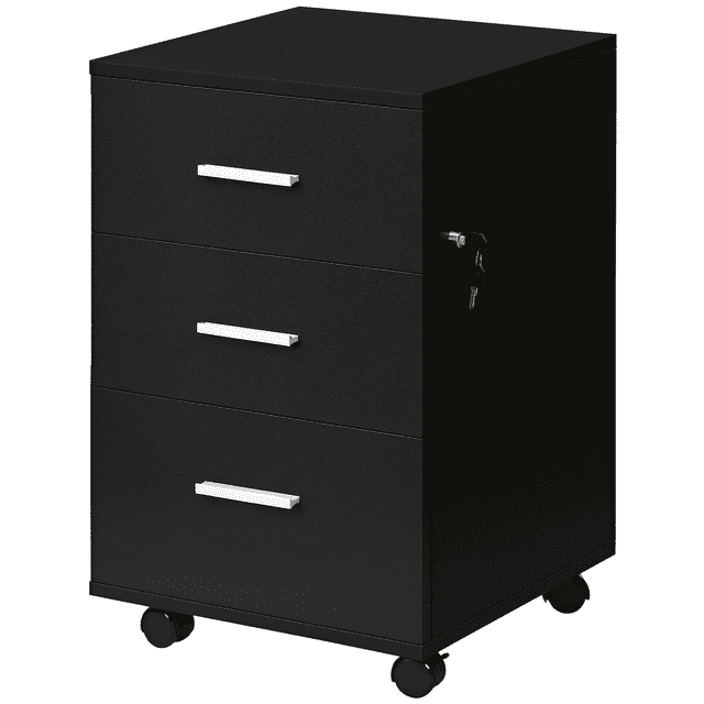 Vinsetto Classeur à 3 Tiroirs avec Serrure et Roulettes, Noir. Pièce de Mobilier de Bureau Noire avec Trois Tiroirs, Poignées à Bande d'Aluminium, Serrure Latérale avec Deux Clés pour un Rangement Sécurisé, et Quatre Roues Universelles, Incluant Deux Roues avant Verrouillables pour la Stabilité. Fabriquée en Panneau de Particules Enduit de Mélamine pour la Durabilité et un Nettoyage Facile, Elle Se Glisse sous les Bureaux pour Économiser de l'Espace et Supporte jusqu'à 66 Lb de Poids total. Convient pour Ranger des Fournitures de Bureau et Tenir des Imprimantes Ou des Numériseurs