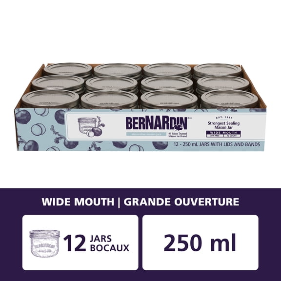 Bernardin Decorative Mason Jars, Wide Mouth, 250 mL, 12 Count