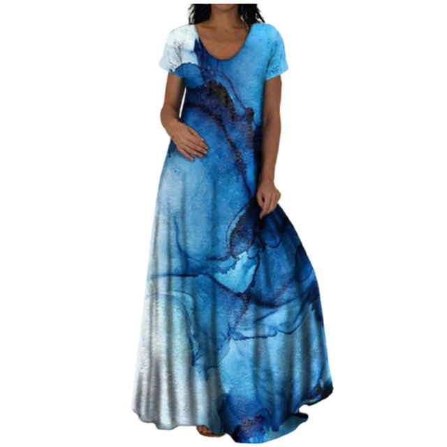 Heliisoer Robe pour Femme, Liquidation Été Femmes Décontractée Été Manches Courtes Col Rond Imprimé Maxi Bohème Robe Longueur Cheville