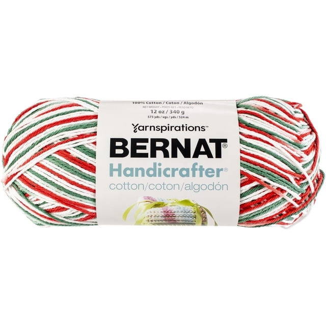 Bernat Handicrafter Ombre Yarn, 100% cotton #4 medium worsted weight, 12 oz (340 g) skein with 573 yards, featuring red, green, and white variegated stripes, machine washable and dryable, ideal for knitting and crochet home and kitchen decor projects.