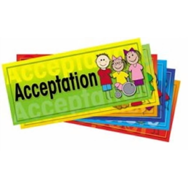 French Character Education poster set of six illustrated 18 by 8 inch posters stacked with the top poster titled 'Acceptation' in bold black text on a yellow-green background showing three smiling children, including one in a wheelchair, ideal for home décor wall art promoting acceptance and inclusion.