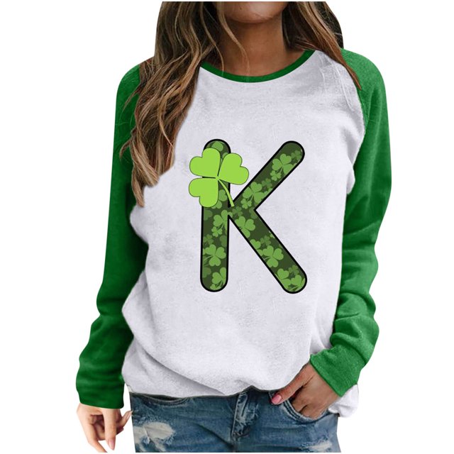 Lolmot Mode Femme Col Rond Imprimé Saint Patrick T-Shirt Manches Longues Top à Empiècements