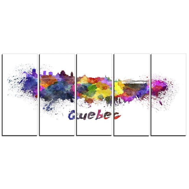 Design Art Impression sur Toile de la Skyline de Québec, une Toile Murale en Coton Enveloppée de Cinq Panneaux avec des Éclaboussures Aquarelle Vibrantes Représentant des silhouettes de la Skyline de la Ville de Québec et « Quebec » en Lettrage au Coup de Pinceau, Prête à Accrocher avec la Quincaillerie Incluse, Convient pour Rehausser le décor de la Maison Ou du Bureau.