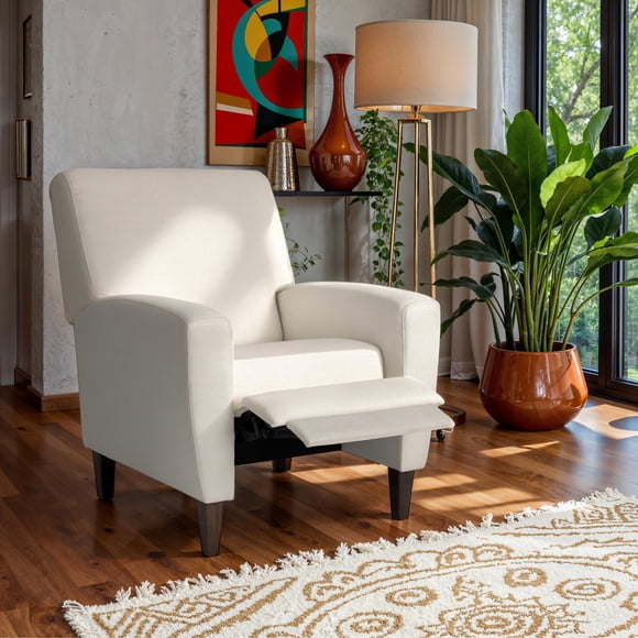 CorLiving Wells Off White Basketweave Fabric Upholstered Indoor Pushback Recliner with Wood Legs