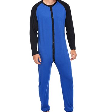 Pyjama une Pièce pour Hommes, Manches Longues Col Rond Boutonné Ouvert devant, Noir/gris/bleu
