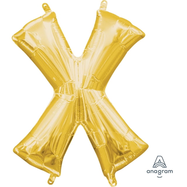 Anagram International Party-Eh! Gold Letter X Balloon, a shiny gold foil balloon shaped as the letter X with a reflective surface, inflated and ready for party use without helium, suitable for adding shine to celebrations or as a photo prop.