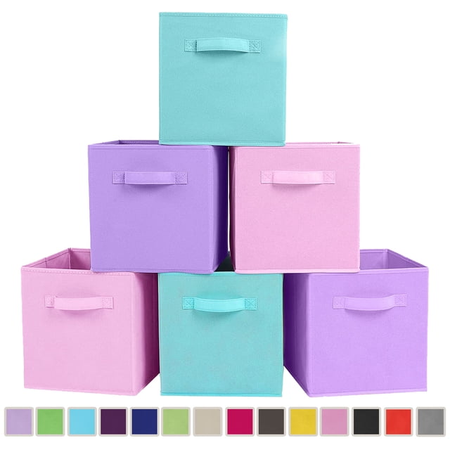 YOYTOO 6 Pack Collapsible Fabric Cube Storage Bins, 11-inch organizer baskets in pastel colors including pink, purple, and teal. Each bin features a durable handle and foldable design for compact storage. Suitable for organizing clothes, toys, and household items in closets, shelving units, or desks.