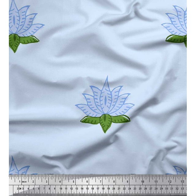 Soimoi Polyester Crepe Fabric Leaves & Lotus Block Printed Fabric 1 Yard 42 Inch Wide