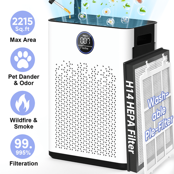 Air Purifiers for Allergies and Asthma up to 2215 Sq.ft, HEPA Air Purifiers with Washable Pre-Filter for Wildfire,Smoke, Pollen, Dust, Pet Fur & Odour, AP307, White+Black, 2026 New