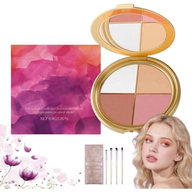 Glowjiu Glow Gallery Highlighting Eye & Cheek Palette with 4-in-1 highlight shades in a gold compact case with a mirror. Features three matte tones and one shimmer shade for eyeshadow, blush, and highlighter. Includes brushes and floral-themed packaging, ideal for radiant skin and portable use.