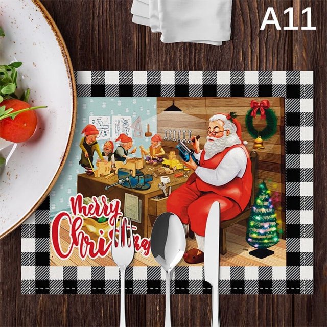 4pcs/set Set de Table de Noël Ensemble Rouge Plaid Modèle Cuisine Sets de Table Santa Claus