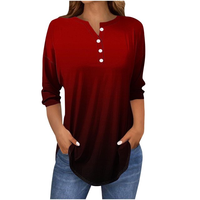 SwiftWear T-Shirts pour Femmes Mode Tendance Col Rond Manches Mi-Longues T-Shirt Couleur Dégradée Décontracté Ample Hauts Basiques