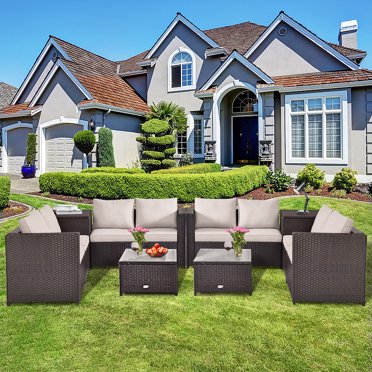 Costway 8PCS Outdoor Patio Rattan Furniture Set Cushioned Loveseat Storage Table