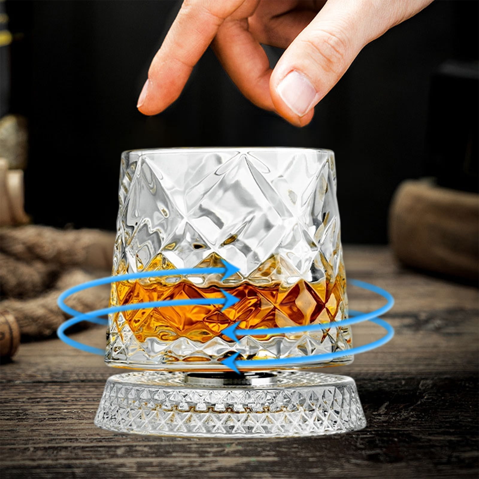 Birdeem Crystal Spinning Whiskey Glass with Base,Rotating Whisky Tumbler for Bar,Elegant Spirits Glass with Gentle Spin Motion for Home and Gifting