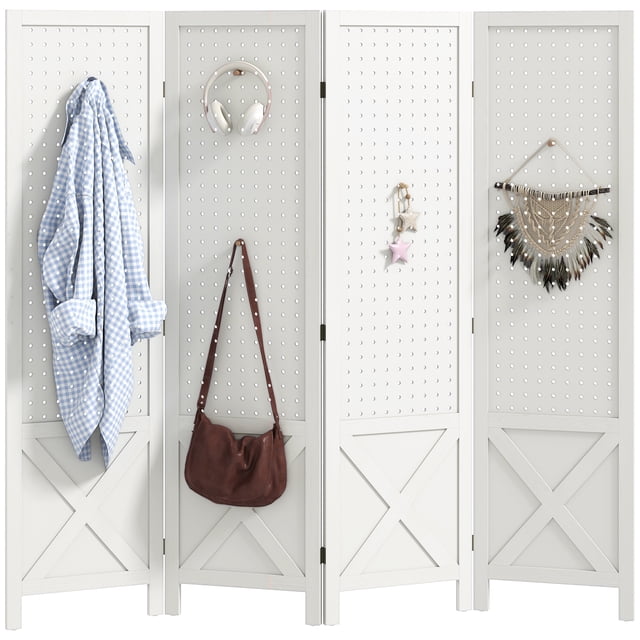HOMCOM 56.9" 4 Panel Room Divider with Pegboard Display for Indoor White