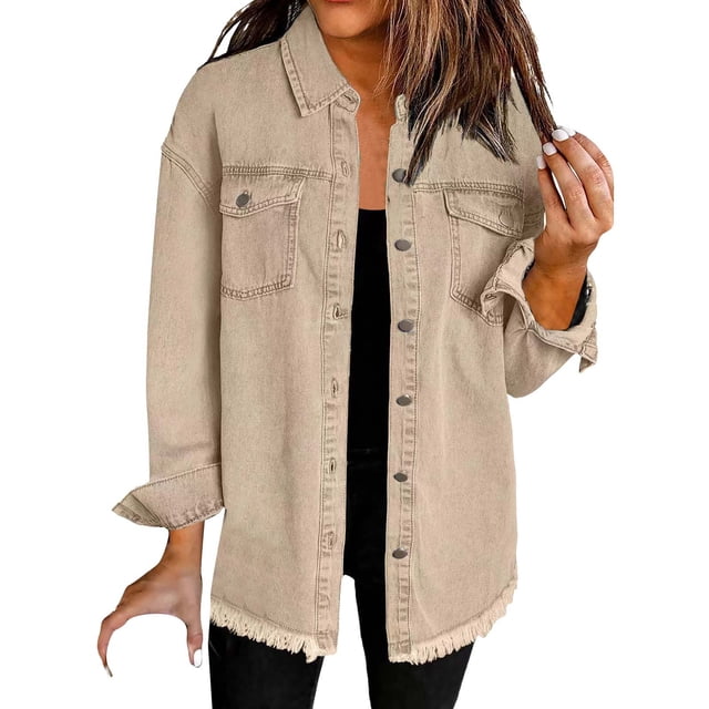 Yubnlvae Veste-Chemise en Denim Délavé Kaki Mode Décontractée pour Femme, TG