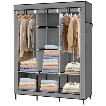 SortWise Portable Closet Wardrobe, 49inch Wide Non-Woven Fabric Clothes Organizer with 2 Hanging Rails and 8 Storage Shelves, Grey