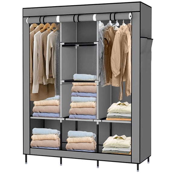 SortWise Garde-Robe Portative, Organisateur de Vêtements en Tissu Non Tissé de 49 Pouces de Large avec 2 Tringles et 8 Étagères de Rangement, Gris