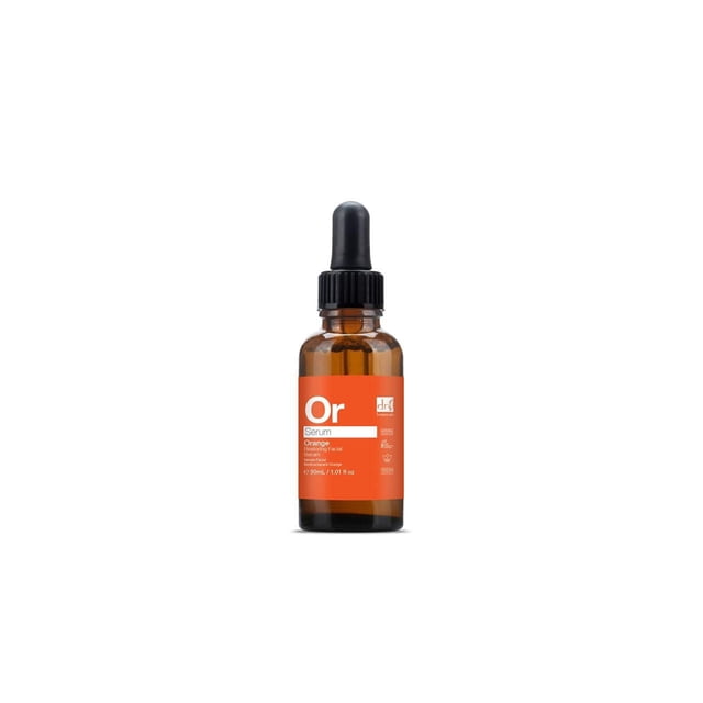 Sérum facial Réparateur à l'Orange en Bouteille en Verre Ambre de 30 ml avec Compte-Gouttes Noir, Présentant une Étiquette Orange Vive avec Texte Blanc, Formulé pour Nourrir et Restaurer une Peau Jeune Tout en Hydratant et Lissant le Teint avec de l'Huile à la Peau de Mandarine.