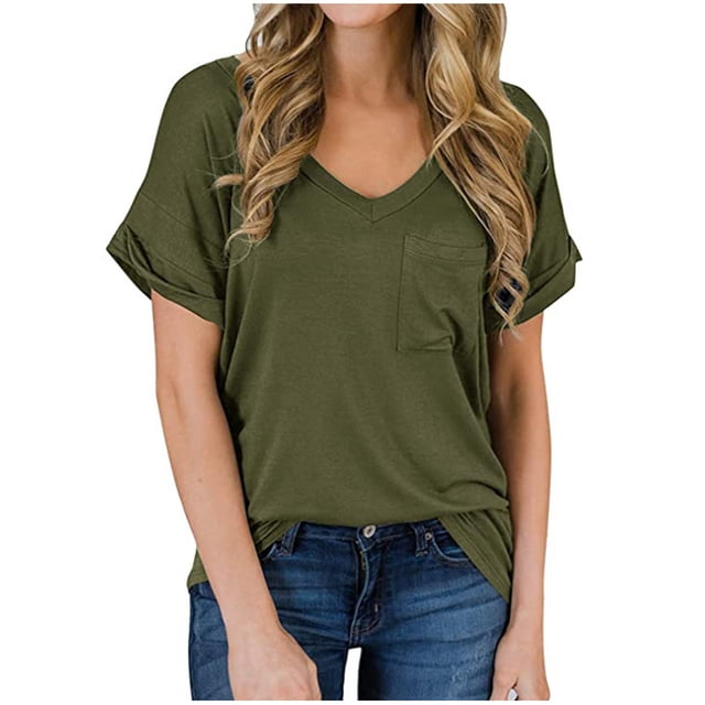 Pompotops T-Shirt Décontracté à Manches Courtes Col en V avec Poches pour Femmes