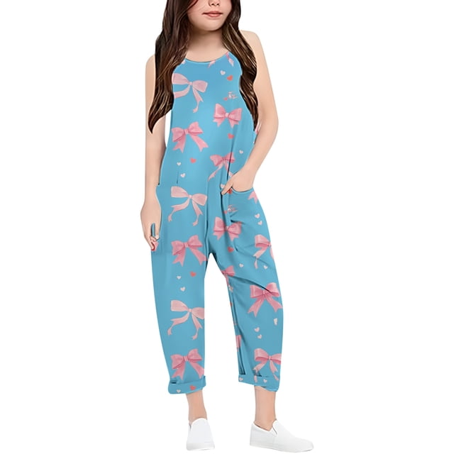 Girls Jumpsuit Bow Print Summer Rompers for Girls Casual V Neck Strap Rompers with Pockets Girls Clothes Size 13-14 Y