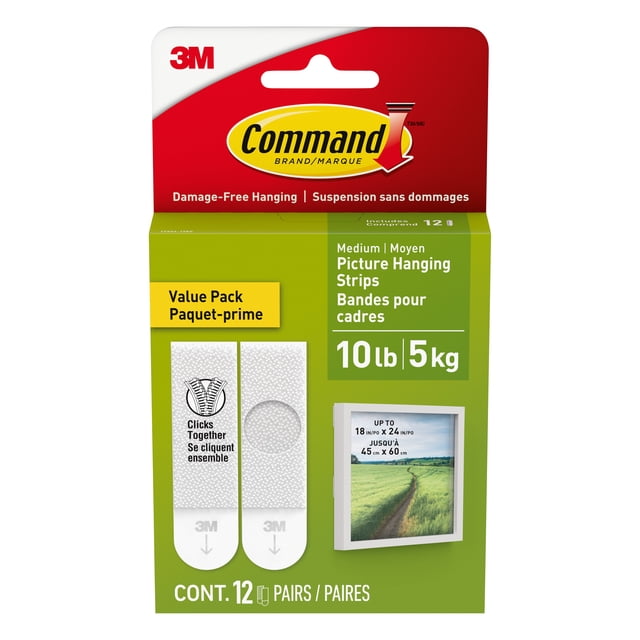 Command Picture Hanging Strips 17204-12EF, White, Medium, Value Pack, 12 Adhesive Strips front-facing view of a white Command-branded package of medium adhesive strips, highlighting damage-free hanging, easy installation, strong hold and clean removal; works on a variety of surfaces and strips can be repositioned without leaving sticky residue, suitable for framed photos and often used to mount lightweight wall organizers or craft displays.
