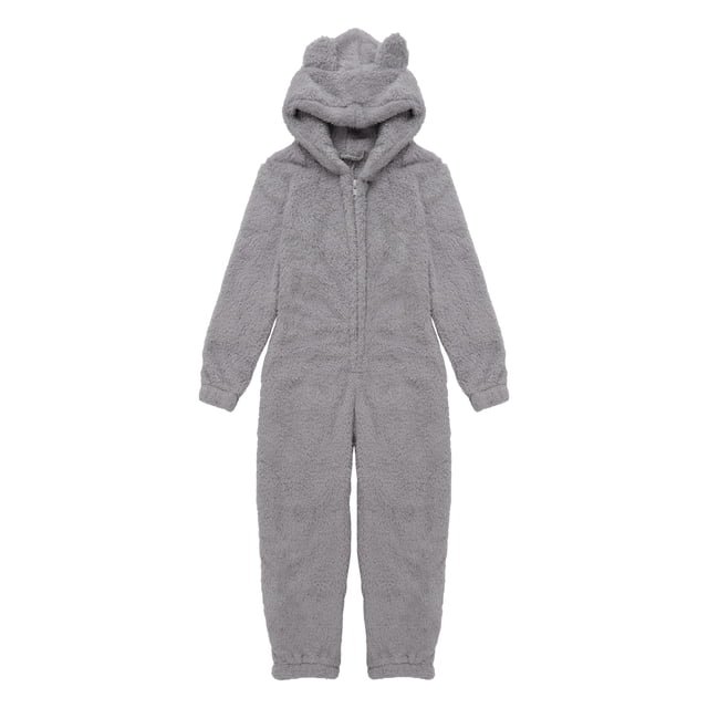 Solid Color Parent-Child Suit, Long Sleeve Family Pajamas Set in grey, featuring a cozy one-piece design with a round neck, long sleeves, and a front zipper. The hood includes two small decorative balls, adding a playful touch. Made of soft polyester, this outfit is suitable for autumn and winter daily wear. Available in various sizes for adults, kids, and toddlers, making it ideal for matching family outfits.