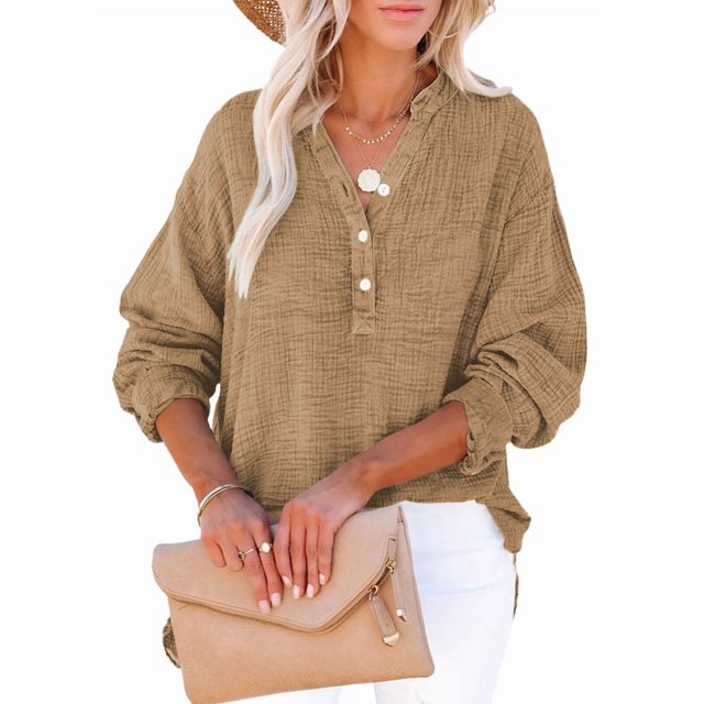 Womens Casual Button V Neck Long Sleeve Shirts Oversized Solid Blouses Tops Earthy Yellow XL
