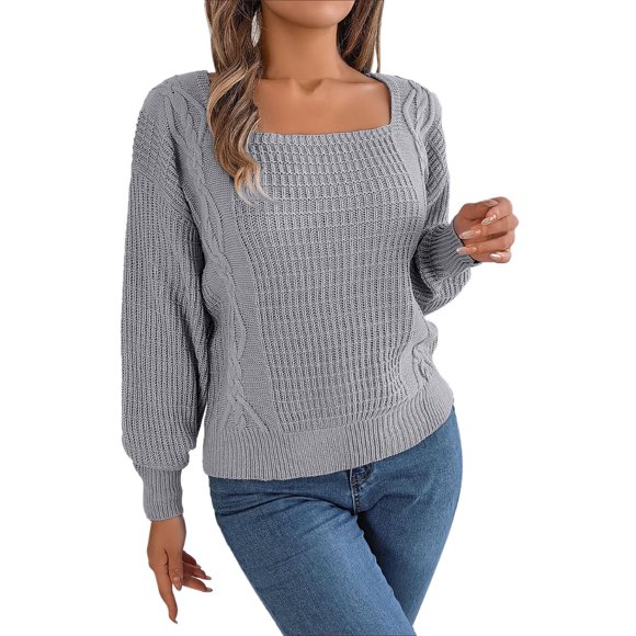 aDJFDGT Fall Sweaters for Women 2024 Pumpkin Petite Women's Long Sleeve Sweater Square Neck Casual Fall Winter Knit Pullover Tops