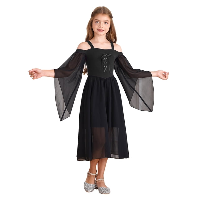 Yartina Girls Medieval Renaissance Princess Dresses Cold Shoulder Long Sleeve Gothic Victorian Dress Black 16