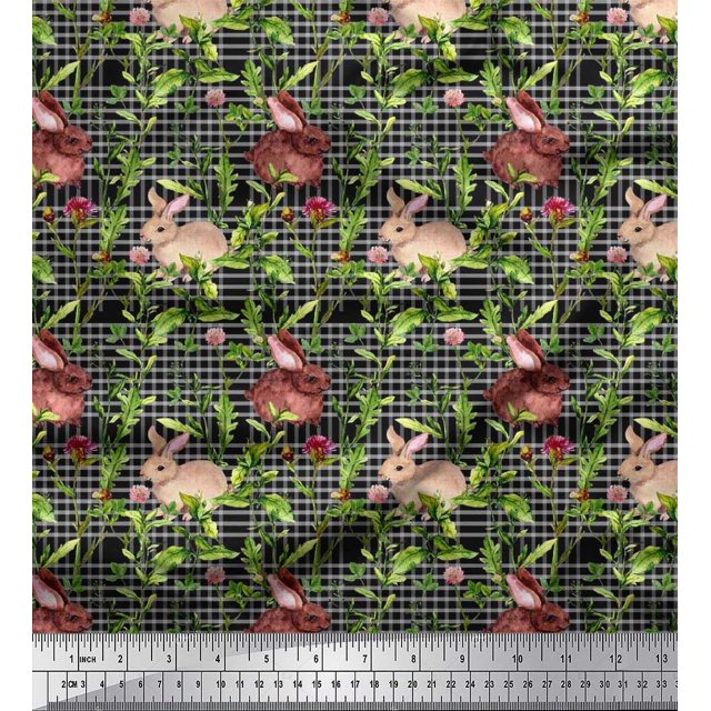 Soimoi Polyester Crepe Fabric Leaves & Rabbit Animal Decor Fabric Printed Yard 42 Inch Wide