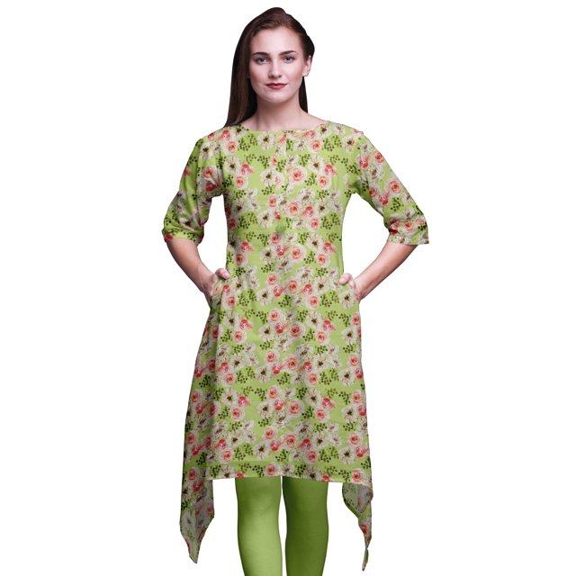 Bimba Green Ranunculus With Bunch Floral Printed Tops For Women Asymmetric Kurti Summer Dress For Girls Large