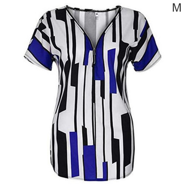 T-shirt pour Femme à Col en V, Haut à Rayures, Manches Courtes, Blouse Ajustée à Fermeture Éclair, Bleu, M