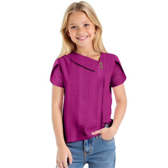 lcziwo Chemises pour Filles Été Mignon Dentelle Oeillet Col en V T-Shirts Uni Décontracté Manches Courtes Pétale T-Shirts Sorties Hauts Rose Vif Ofertas Relampago de Hoy