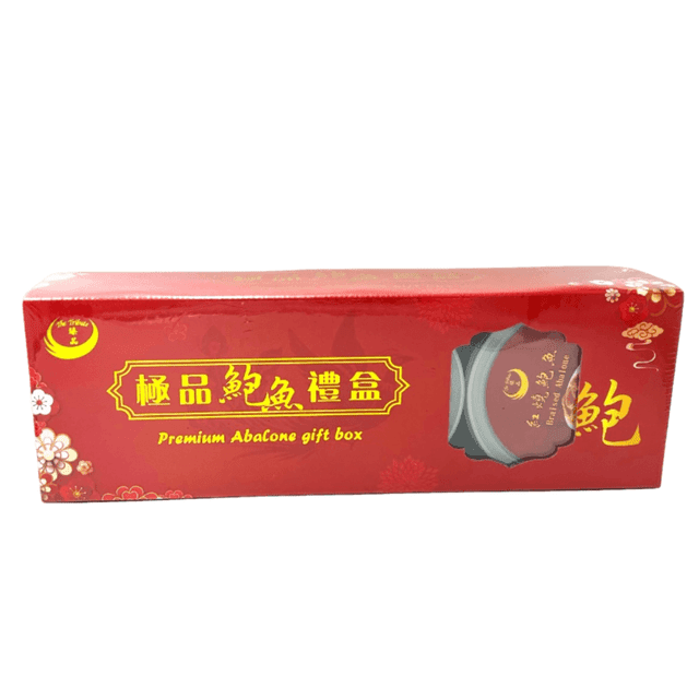 The Tribute Boîte-cadeau Premium d'Ormeau en Conserve Présente une Boîte Rectangulaire Rouge avec des Caractères Chinois Dorés et des Motifs Floraux, Incluant une Fenêtre Festonnée Montrant un Pot d'Ormeau en Conserve, un Ingrédient Savoureux Utilisé dans la cuisine Chinoise Traditionnelle et les Aliments en Conserve.