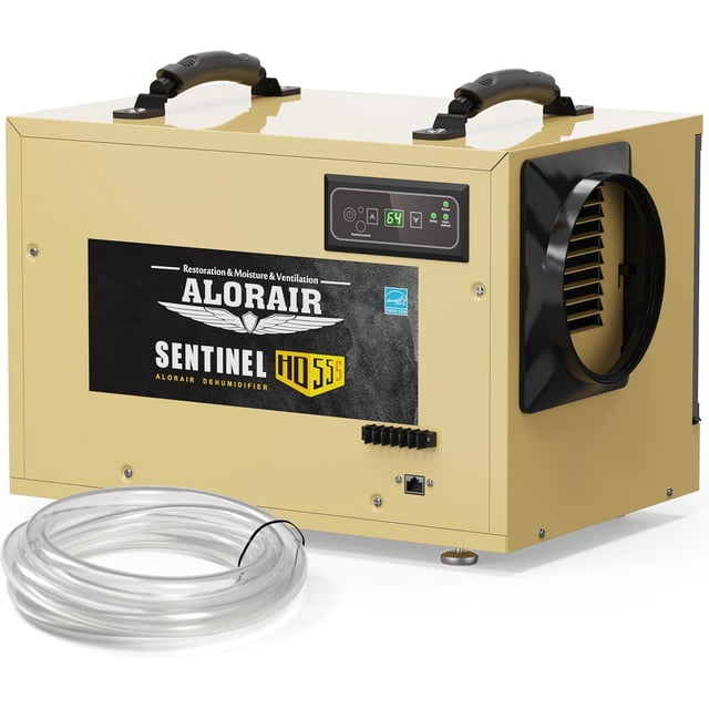 ALORAIR 120 PPD Commercial Dehumidifier with Drain Hose, featuring a compact gold metal casing, ergonomic handles, and a digital control panel. Designed for crawl spaces, basements, and water damage restoration, it includes an auto-defrost system and memory starting. The unit is Energy Star listed and comes with a clear drain hose for continuous drainage.