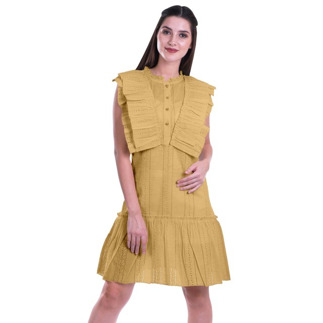 Moomaya Womens Ruffle Sleeve A,Line Schiffli Dress Solid Designer Party Dress