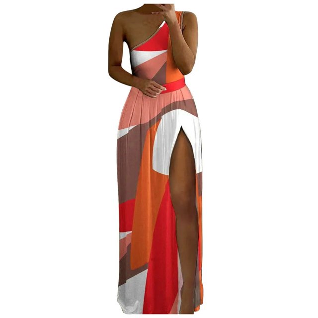 Robes pour Femmes Taille Haute Sexy Imprimé Fendu Robe à une Épaule Longueur Cheville Hawaïenne
